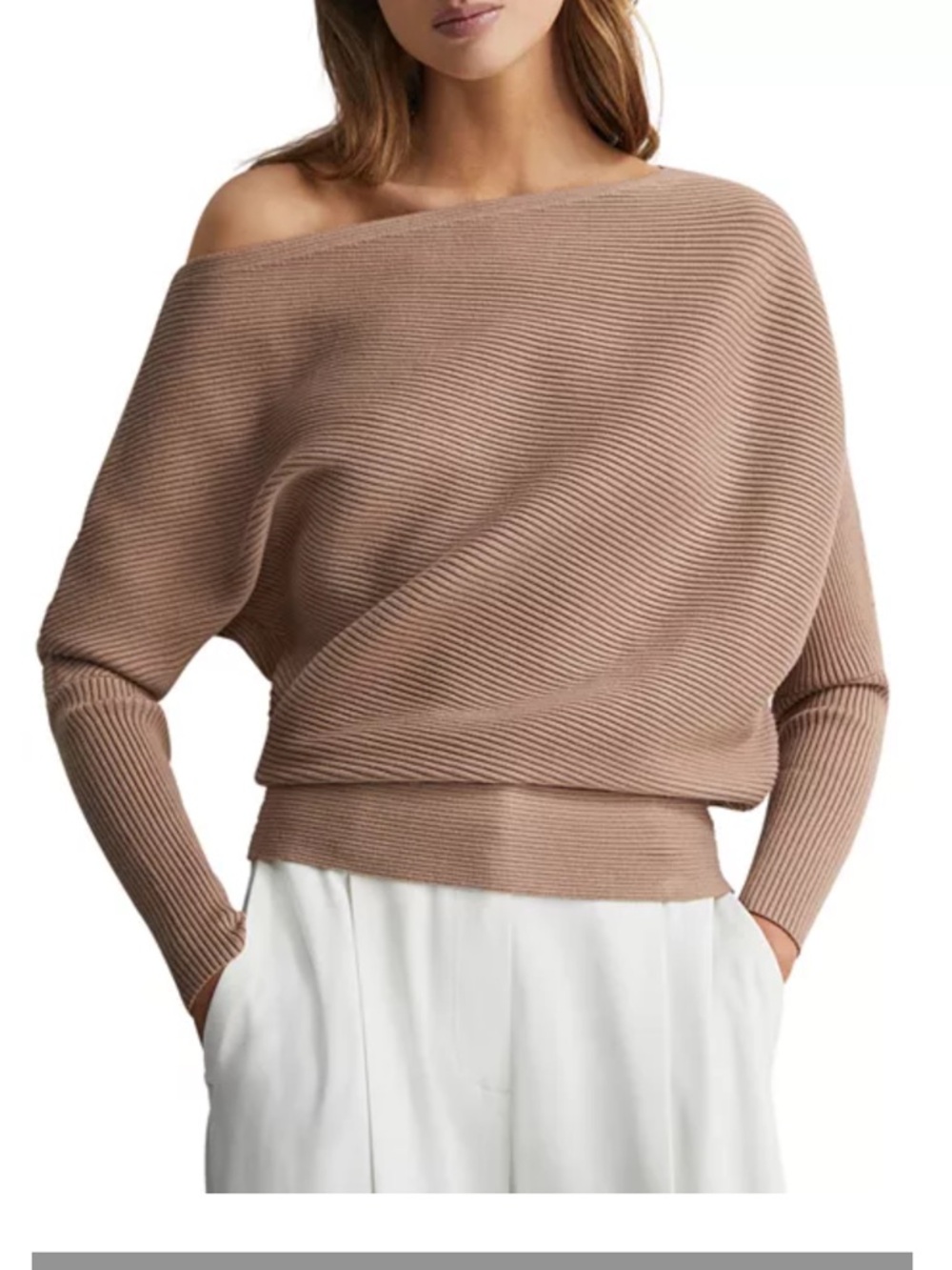 REISS Lorna Drape Knit Sweater Slouch off shoulder Brown Size Small